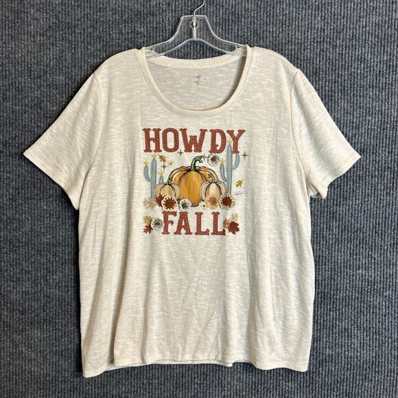 Cato Womens Graphic T Shirt Sz XL Beige Howdy Fall Pumpkin Cactus Crotchet Boho - Picture 1 of 9